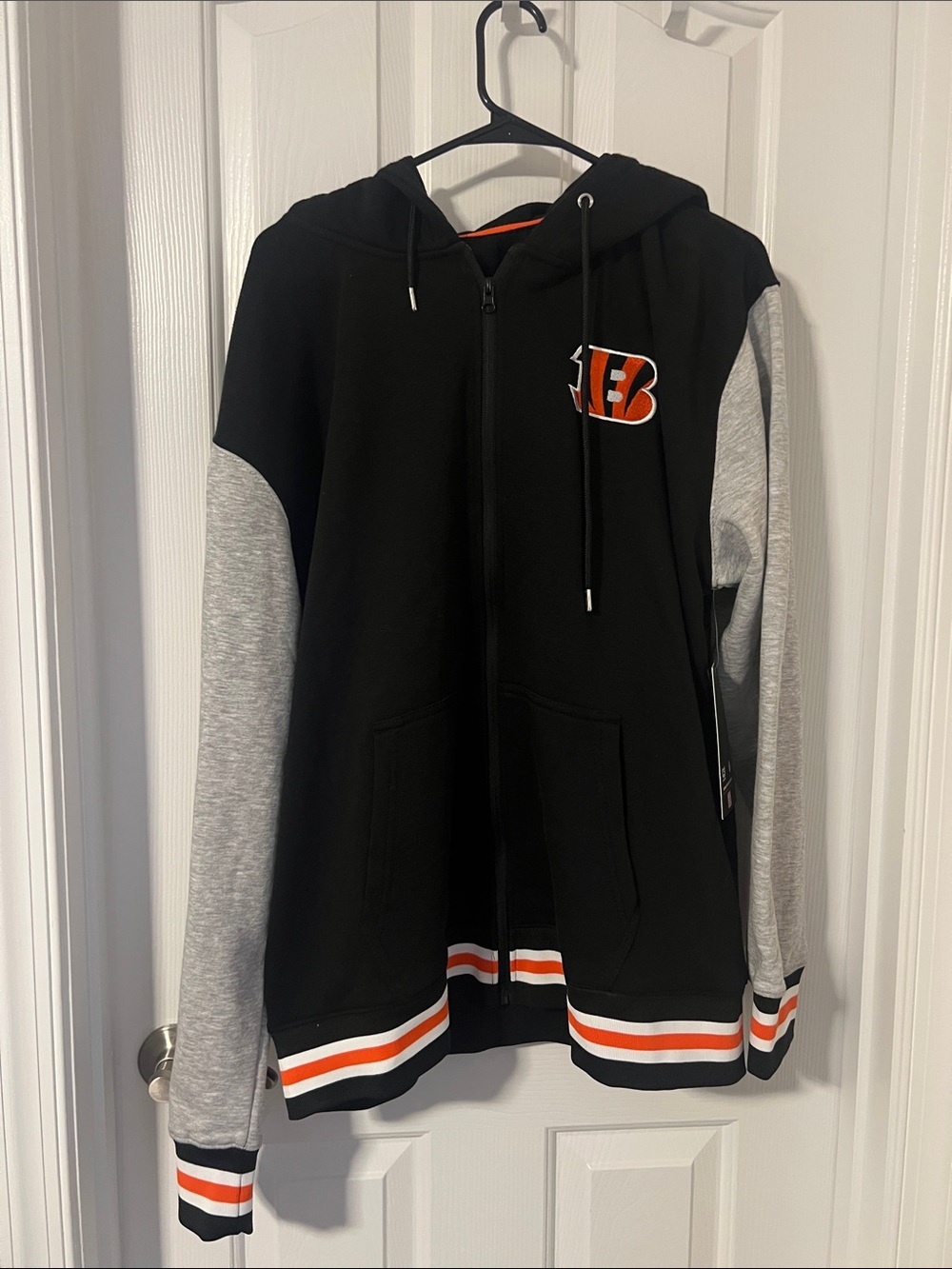 NFL Black Hoodie Jacket with Gray Sleeves and Orange Accents